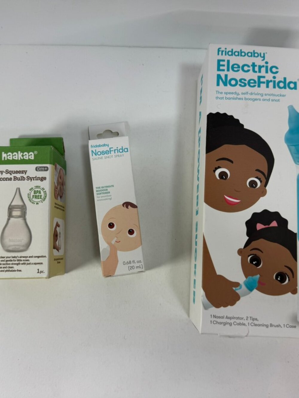 NIB Fridababy Electric Nosefrida snotsucker + Spray + Haakaa Bulb Sucker